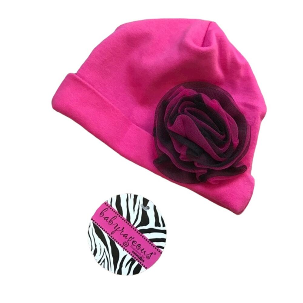 Babyrageous Girls Hat Size 6-9 Months Pink Black Cap Flower 100% Cotton‎ NEW